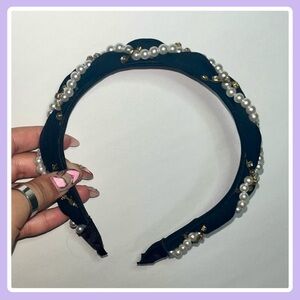 Black Velvet Gold Beaded Pearls Headband